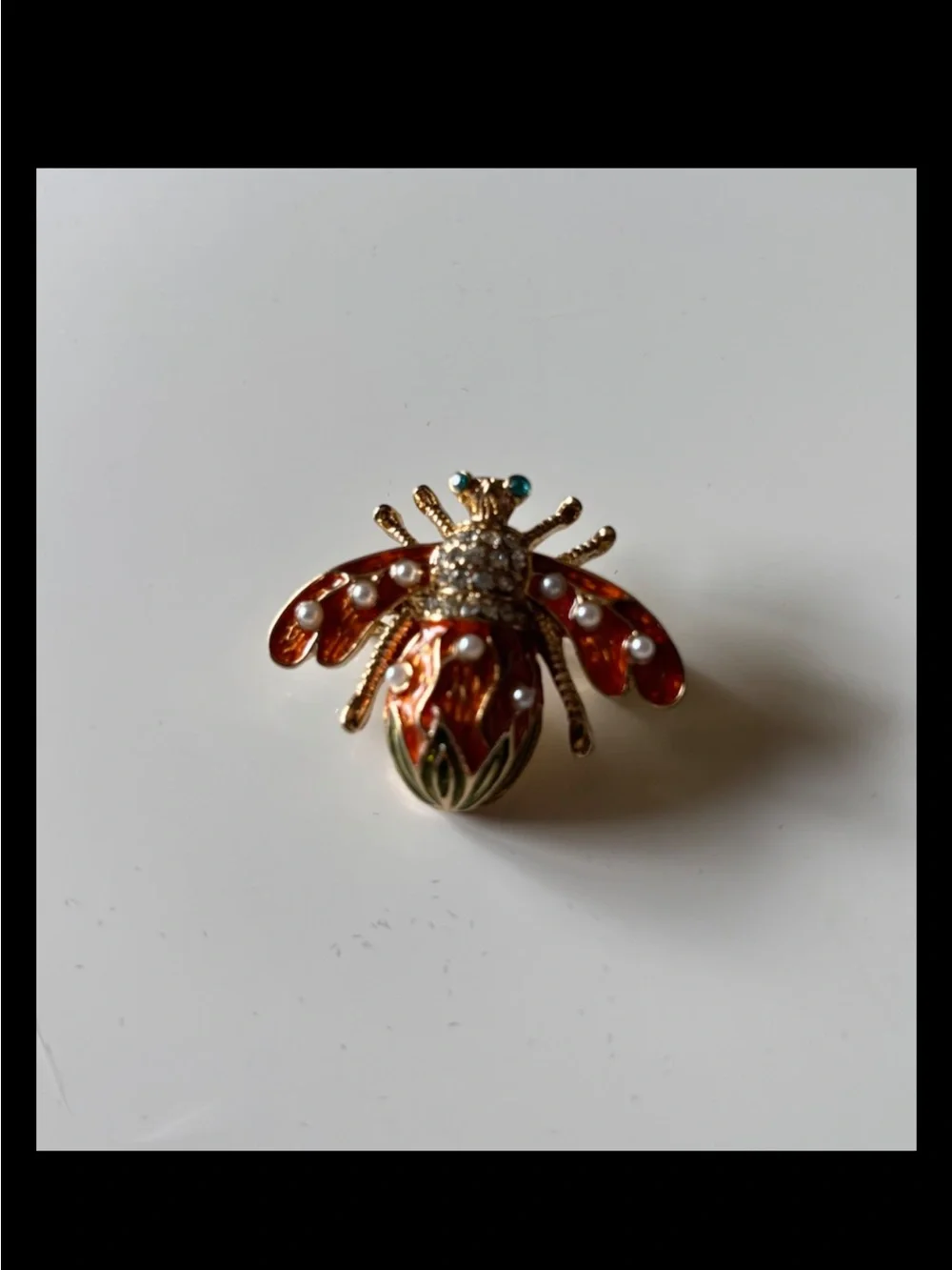 Vintage Bee Brooch Gold Tone Orange Enamel Faux Pearl Rhinestone Insect Pin